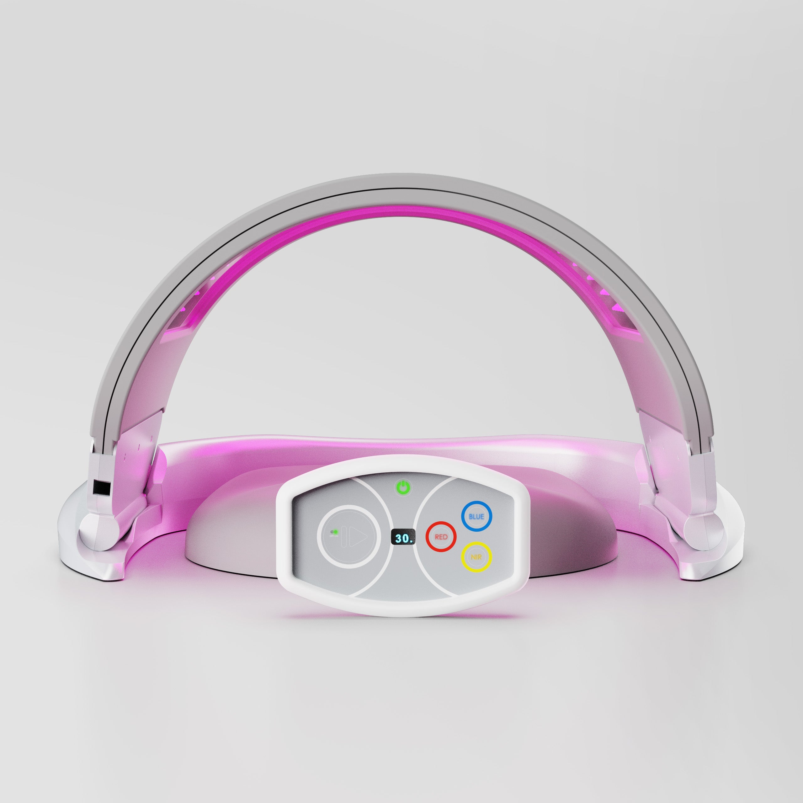 A modern LED light therapy headband with a white and silver frame, emitting a pink glow, shown on a light gray background.