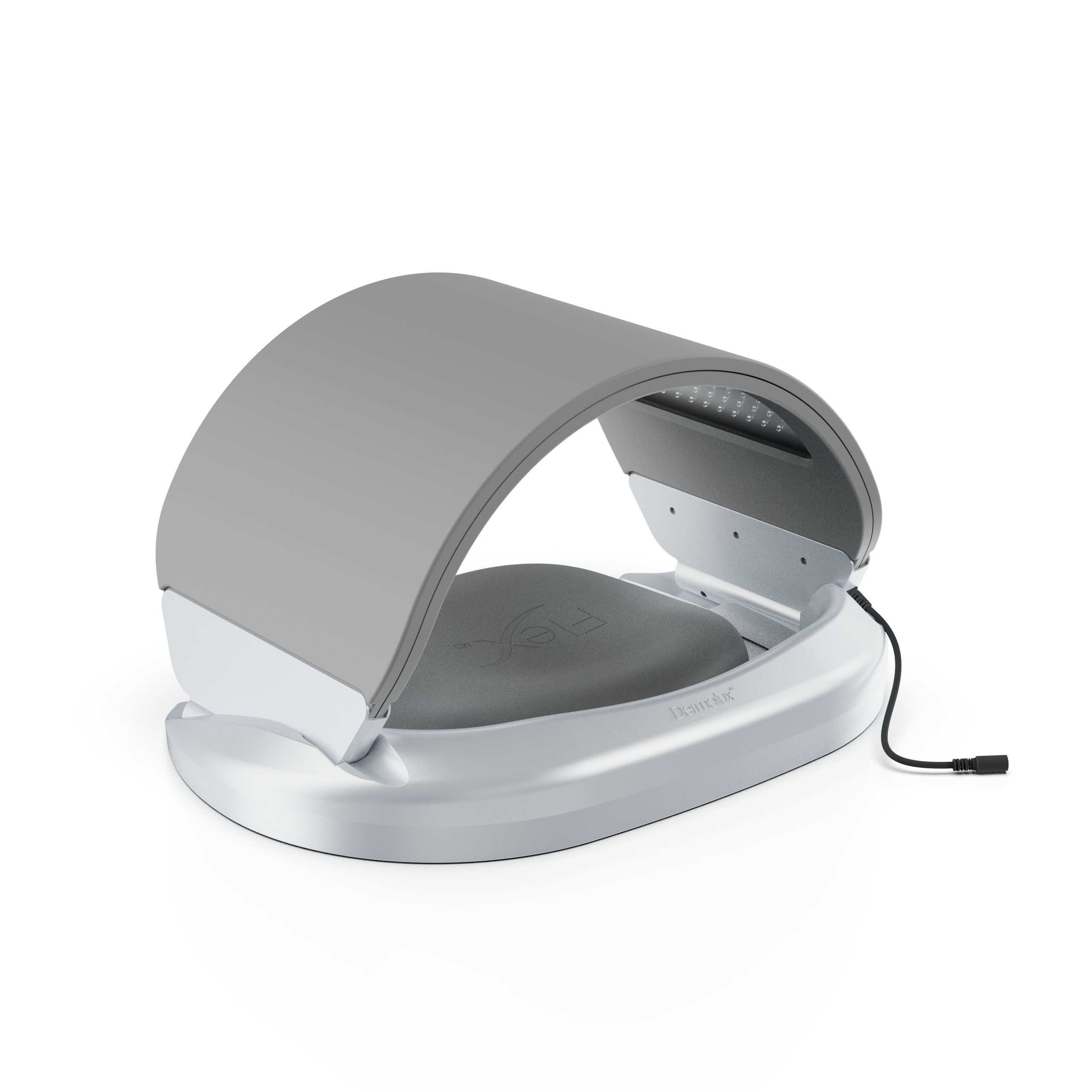 A silver and gray LED neck and face treatment lamp with a curved dome lid, shown on a clean white background with a power cable extending to the right.