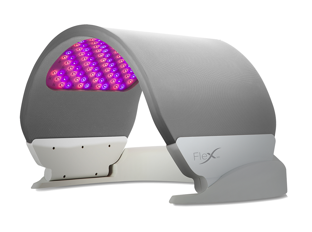 A gray and white LED light therapy device with a curved dome design, featuring a glowing purple and pink LED panel on the left and a silver Flex logo on the right side.